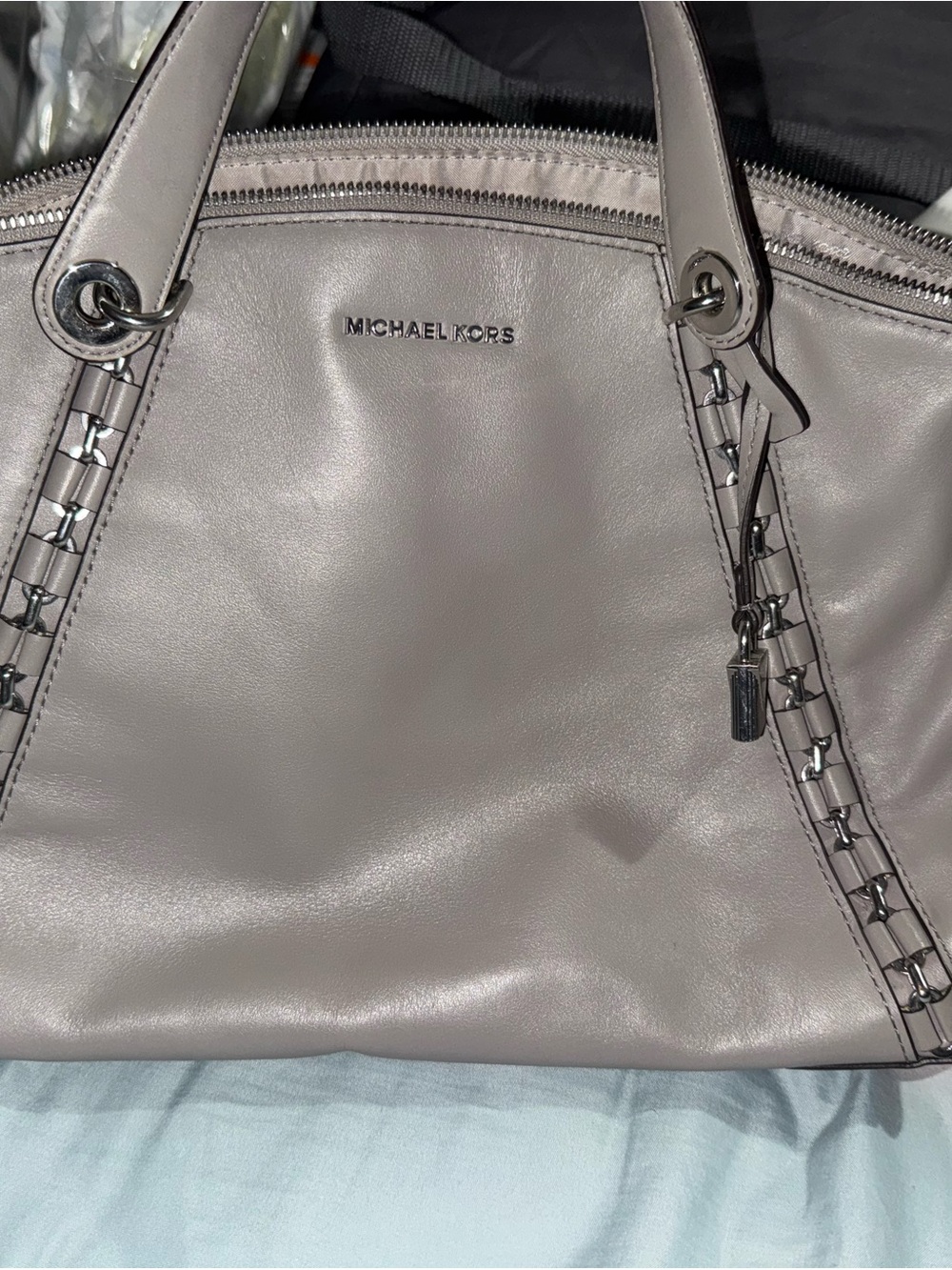 Michael Kors Gray Leather Satchel with Braided Handle Detail